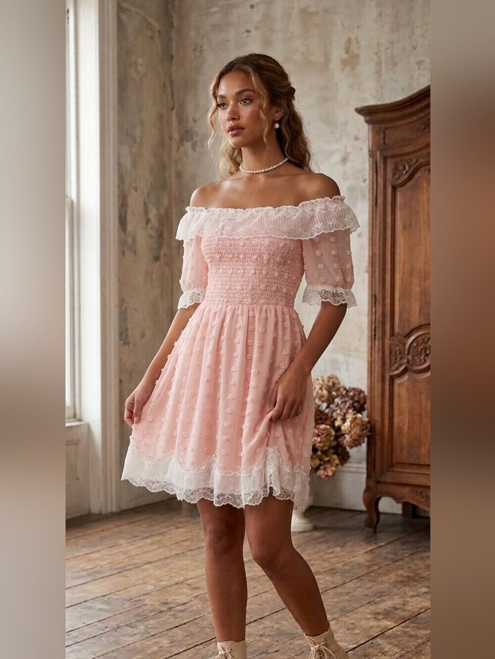 Exlura Swiss Dot Lace Detail Dress Sz Large Pink NWT